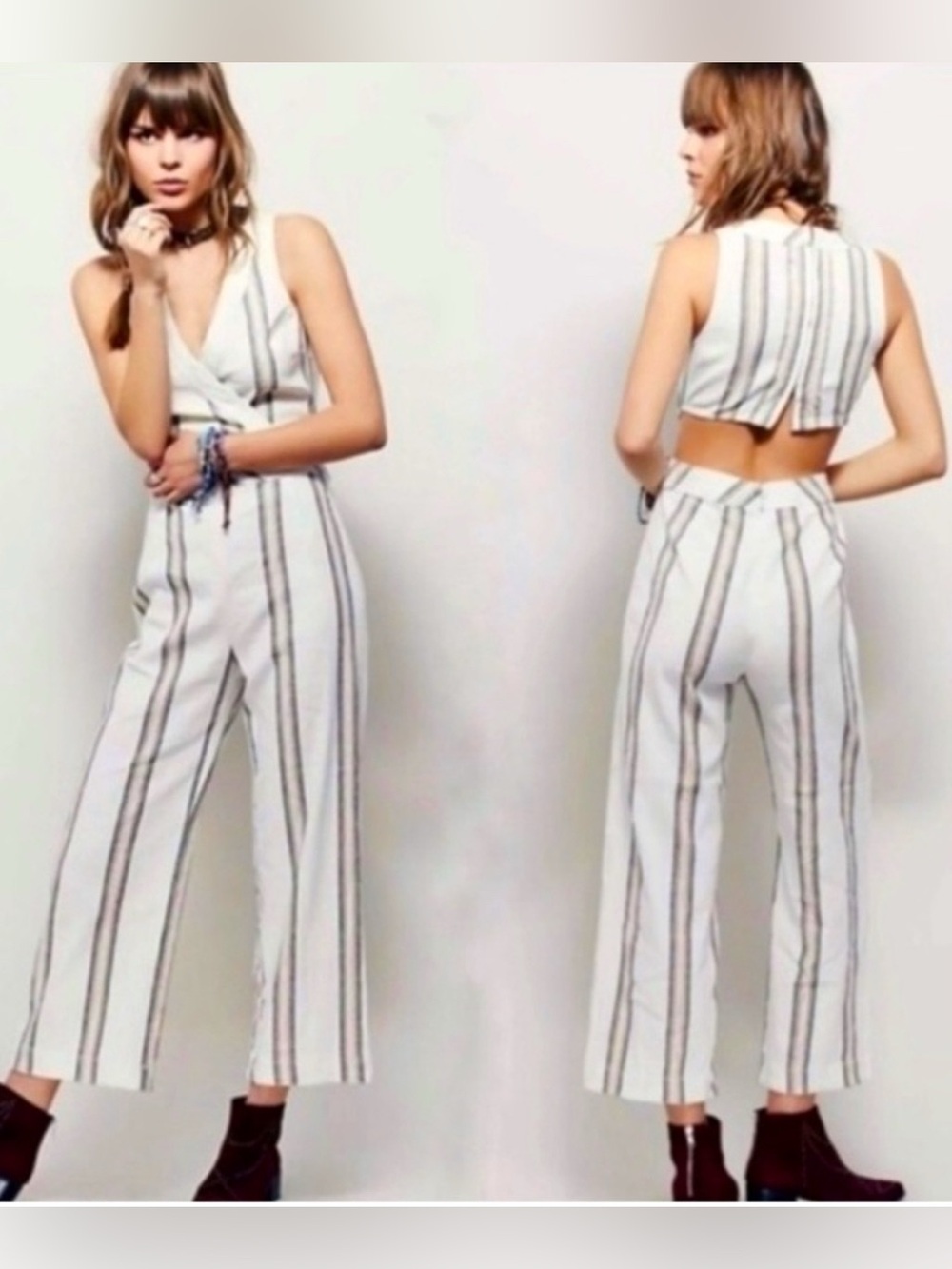 Free People open back stripe jumpsuit, size O, fits a 6-8